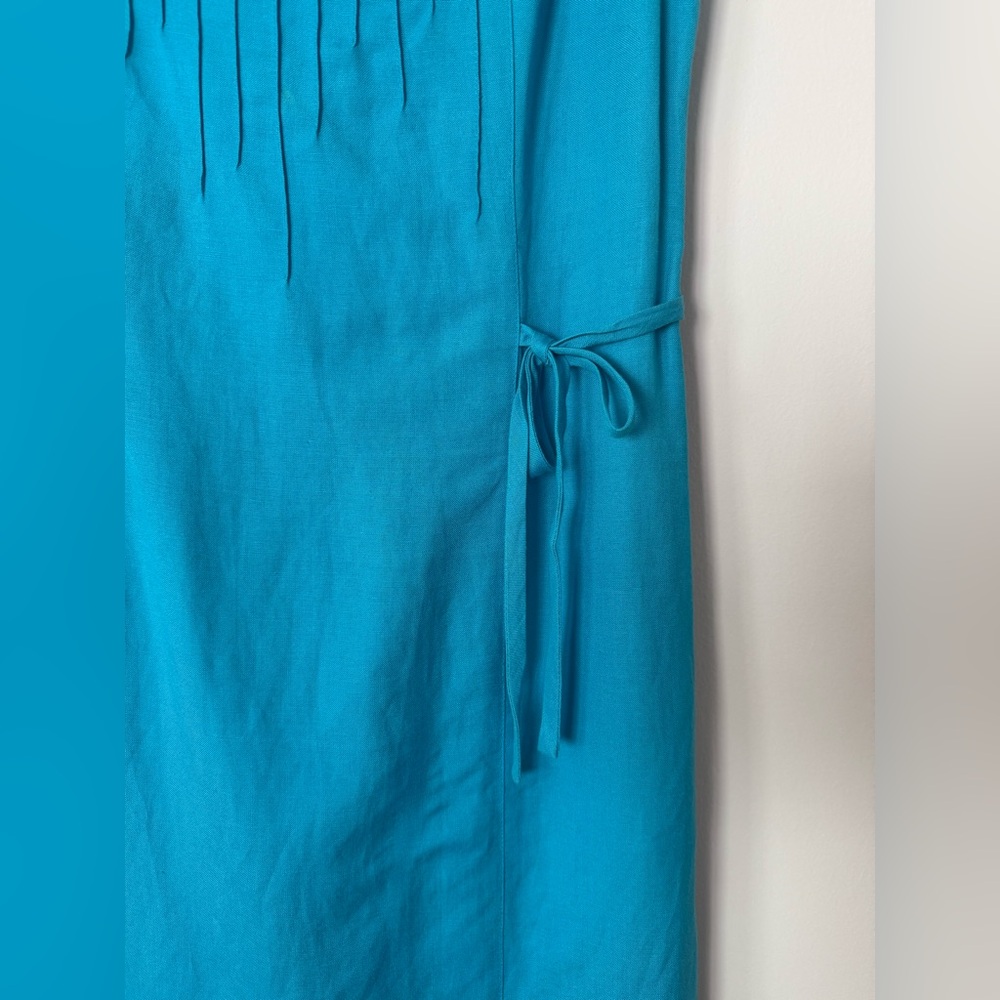 Vintage 80s 90s Adriana Papell Turquoise Fitted Linen Side Tie Gorgeous Dress - Picture 5 of 15